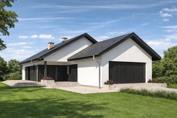 Projekt domu TK82g2 - parterowy dom o powierzchni 136,17 m², dach dwuspadowy, koszt budowy 384 000 zł - ujęcie frontu