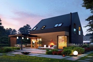 Projekt domu Mini 13 G1 PLUS reco energo plus - parterowy z poddaszem dom o powierzchni 142,87 m², dach dwuspadowy, koszt budowy 421 000 zł - ujęcie frontu