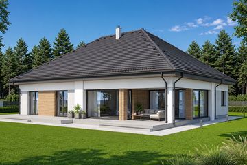 Projekt domu Sej-pro 086 energo - parterowy dom o powierzchni 161,49 m², dach czterospadowy, koszt budowy 495 000 zł - ujęcie frontu