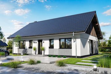Projekt domu Tani w budowie - parterowy dom o powierzchni 99,62 m², dach dwuspadowy, koszt budowy 270 000 zł - ujęcie frontu
