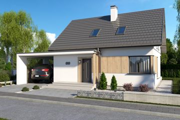  Projekt domu Sevilla 3C szkielet drewniany z wiatą garażową (SLN2746) - projekt domu parterowego z poddaszem - Zdjęcie 1