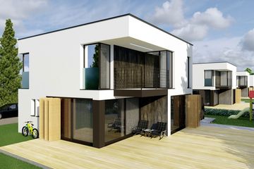 Projekt domu EX 2 G1 energo plus (bliźniak) - z pełnym piętrem dom o powierzchni 125,15 m², dach płaski, koszt budowy 280 608 zł - ujęcie frontu