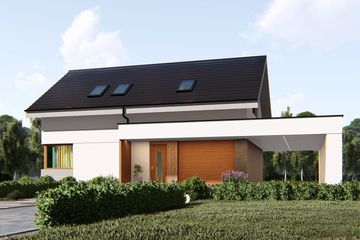 Projekt domu uA34v5 - parterowy z poddaszem dom o powierzchni 107,83 m², dach dwuspadowy, koszt budowy 308 000 zł - ujęcie frontu
