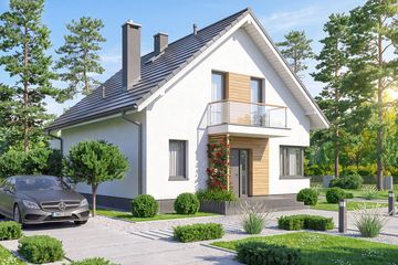 Projekt domu Lungo 4 modern - parterowy z poddaszem dom o powierzchni 110,33 m², dach dwuspadowy, koszt budowy 326 000 zł - ujęcie frontu