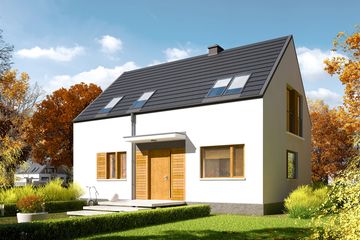 Projekt domu E12 reco energo plus - parterowy z poddaszem dom o powierzchni 102,12 m², dach dwuspadowy, koszt budowy 288 000 zł - ujęcie frontu