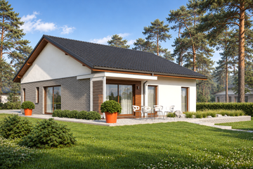 Projekt domu Armando II G1 energo plus (wiązary) - parterowy dom o powierzchni 84,56 m², dach dwuspadowy, koszt budowy 268 000 zł - ujęcie frontu