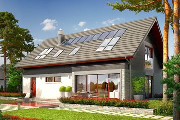 Projekt domu Benjamin G1 energo plus - parterowy z poddaszem dom o powierzchni 158,29 m², dach dwuspadowy, koszt budowy 351 808 zł - ujęcie frontu