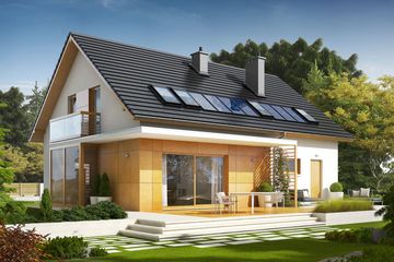 Projekt domu Pablo II G1 energo plus - parterowy z poddaszem dom o powierzchni 140,74 m², dach dwuspadowy, koszt budowy 398 000 zł - ujęcie frontu