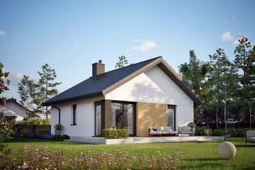 Projekt domu Mini 19 (wersja A) energo - parterowy dom o powierzchni 46,96 m², dach dwuspadowy, koszt budowy 138 000 zł - ujęcie frontu