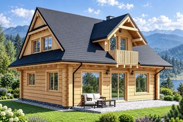 Projekt domu L-309 z bali - parterowy z poddaszem dom o powierzchni 112,17 m², dach dwuspadowy - ujęcie frontu