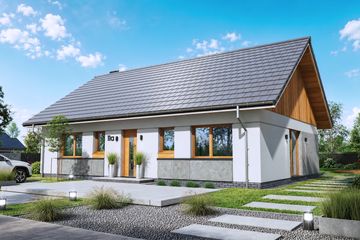 Projekt domu Tani w budowie wiązary - parterowy dom o powierzchni 99,67 m², dach dwuspadowy, koszt budowy 270 000 zł - ujęcie frontu