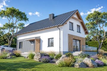Projekt domu eko Typowy 70 - parterowy z poddaszem dom o powierzchni 149,91 m², dach dwuspadowy, koszt budowy 384 000 zł - ujęcie frontu
