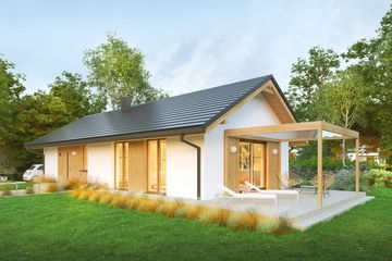 Projekt domu Mirtillo - parterowy dom o powierzchni 74,50 m², dach dwuspadowy, koszt budowy 216 000 zł - ujęcie frontu