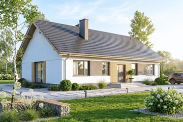 Projekt domu Mokka 17 plus 2 - parterowy dom o powierzchni 122,88 m², dach dwuspadowy, koszt budowy 350 000 zł - ujęcie frontu