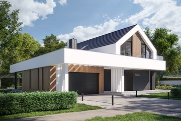 Projekt domu NewHouse 790 w2 - parterowy z poddaszem dom o powierzchni 172,58 m², dach dwuspadowy, koszt budowy 561 000 zł - ujęcie frontu
