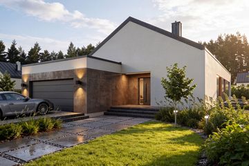Projekt domu Ella - parterowy dom o powierzchni 144,26 m², dach dwuspadowy, koszt budowy 434 000 zł - ujęcie frontu