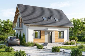 Projekt domu Melon 2 - parterowy z poddaszem dom o powierzchni 78,26 m², dach dwuspadowy, koszt budowy 206 000 zł - ujęcie frontu