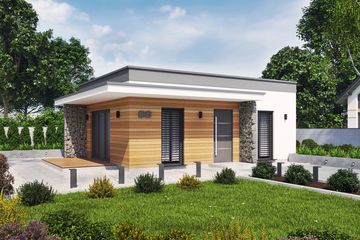 Projekt domu letniskowego Lens dom letniskowy - parterowy dom o powierzchni 42,97 m², dach dwuspadowy, koszt budowy 94 602 zł - ujęcie frontu