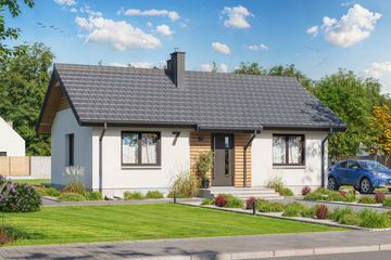 Projekt domu Tebe 7 - parterowy dom o powierzchni 60 m², dach dwuspadowy, koszt budowy 174 000 zł - ujęcie frontu
