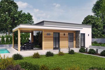 Projekt domu Lens 2 C szkielet drewniany dom mieszkalny, całoroczny - parterowy dom o powierzchni 48,12 m², dach płaski, koszt budowy 107 850 zł - ujęcie frontu