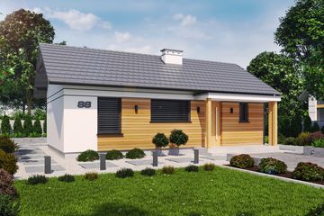 Projekt domu letniskowego Miami 2 szkielet drewniany dom letniskowy - parterowy dom o powierzchni 51,36 m², dach dwuspadowy, koszt budowy 92 038 zł - ujęcie frontu