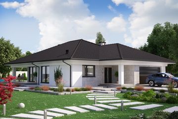 Projekt domu Ka23 war.2 Sz - parterowy dom o powierzchni 144,68 m², dach kopertowy - ujęcie frontu
