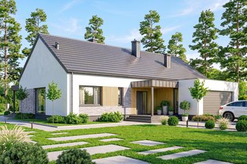 Projekt domu Abelia 2 modern - parterowy dom o powierzchni 133,13 m², dach dwuspadowy, koszt budowy 401 000 zł - ujęcie frontu