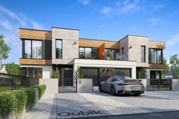 Projekt domu Qubik 3 wariant B - z pełnym piętrem dom o powierzchni 303,53 m², dach płaski - ujęcie frontu