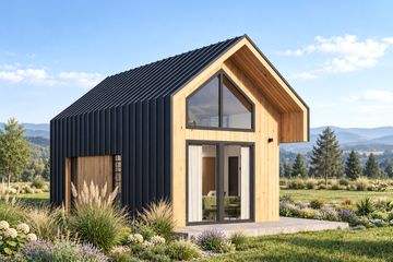 Projekt domu letniskowego L-322 szkieletowy - parterowy dom o powierzchni 32,72 m², dach dwuspadowy - ujęcie frontu