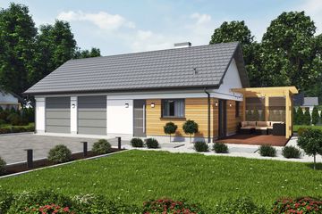 Projekt domu Asti dom letniskowy - parterowy dom o powierzchni 75,80 m², dach dwuspadowy, koszt budowy 216 000 zł - ujęcie frontu
