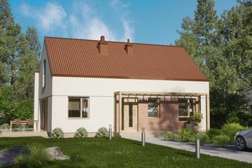 Projekt domu D342 - parterowy z poddaszem dom o powierzchni 109,52 m², dach dwuspadowy, koszt budowy 289 000 zł - ujęcie frontu