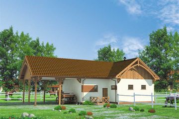 Projekt budynku gospodarczego BGS10 szkielet drewniany budynek gospodarczy - parterowy dom o powierzchni 83,32 m², dach wielospadowy - ujęcie frontu