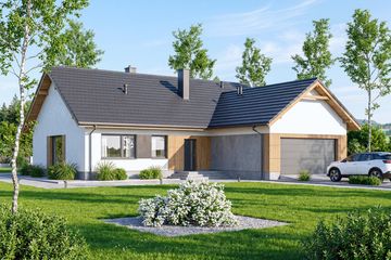 Projekt domu Mokka 18 plus - parterowy dom o powierzchni 120,20 m², dach dwuspadowy, koszt budowy 362 000 zł - ujęcie frontu