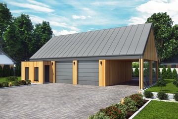  Projekt garażu G360 garaż dwustanowiskowy z pomieszczeniem gospodarczym i wiatą (SLN2848) - projekt garażu parterowego - Zdjęcie 1