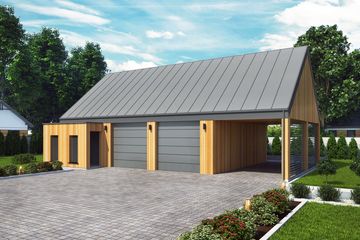 Projekt budynku gospodarczego G360 budynek gospodarczy - parterowy dom o powierzchni 73,79 m², dach dwuspadowy - ujęcie frontu