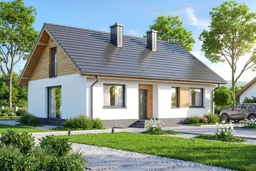 Projekt domu Irys 2 - parterowy dom o powierzchni 77,48 m², dach dwuspadowy, koszt budowy 251 000 zł - ujęcie frontu