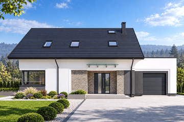 Projekt domu N41-G1 - parterowy z poddaszem dom o powierzchni 128,77 m², dach dwuspadowy, koszt budowy 377 000 zł - ujęcie frontu