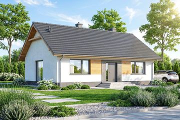 Projekt domu Limonka - parterowy dom o powierzchni 79,92 m², dach dwuspadowy, koszt budowy 240 000 zł - ujęcie frontu