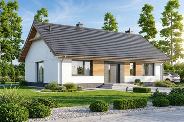 Projekt domu Limonka 2 - parterowy dom o powierzchni 89,73 m², dach dwuspadowy, koszt budowy 268 000 zł - ujęcie frontu