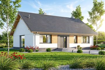 Projekt domu Limonka 2 plus - parterowy dom o powierzchni 98,37 m², dach dwuspadowy, koszt budowy 293 000 zł - ujęcie frontu