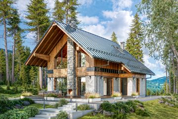 Projekt domu Giewont - parterowy z poddaszem dom o powierzchni 88,90 m², dach dwuspadowy, koszt budowy 257 000 zł - ujęcie frontu