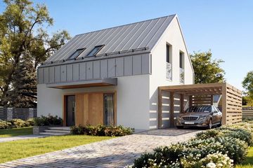 Projekt domu Gabi 2 - parterowy z poddaszem dom o powierzchni 86,96 m², dach dwuspadowy, koszt budowy 226 000 zł - ujęcie frontu