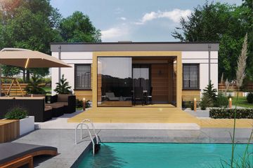 Projekt domu letniskowego Lens 5 dom letniskowy - parterowy dom o powierzchni 57,45 m², dach płaski - ujęcie 2