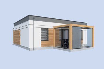 Projekt domu letniskowego Lens 5 dom letniskowy - parterowy dom o powierzchni 57,45 m², dach płaski - ujęcie 3