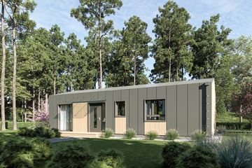 Projekt domu DM1 - wersja drewniana - parterowy dom o powierzchni 56,38 m², dach dwuspadowy - ujęcie 2