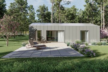 Projekt domu DM1 - wersja drewniana - parterowy dom o powierzchni 56,38 m², dach dwuspadowy - ujęcie 3