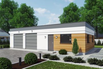 Projekt garażu G361 garaż dwustanowiskowy z pomieszczeniami gospodarczymi - parterowy dom o powierzchni 75,80 m², dach płaski - ujęcie frontu