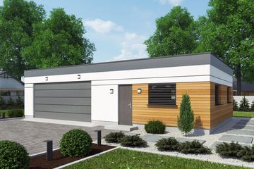 Projekt garażu G361A garaż dwustanowiskowy z pomieszczeniami gospodarczymi - parterowy dom o powierzchni 75,80 m², dach płaski - ujęcie frontu