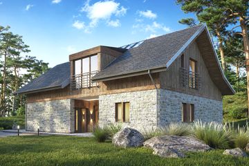 Projekt domu Rufus - parterowy z poddaszem dom o powierzchni 183,70 m², dach dwuspadowy, koszt budowy 540 000 zł - ujęcie frontu