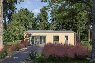 Projekt domu DM2 wersja drewniana - parterowy dom o powierzchni 55,98 m², dach dwuspadowy - ujęcie 2
